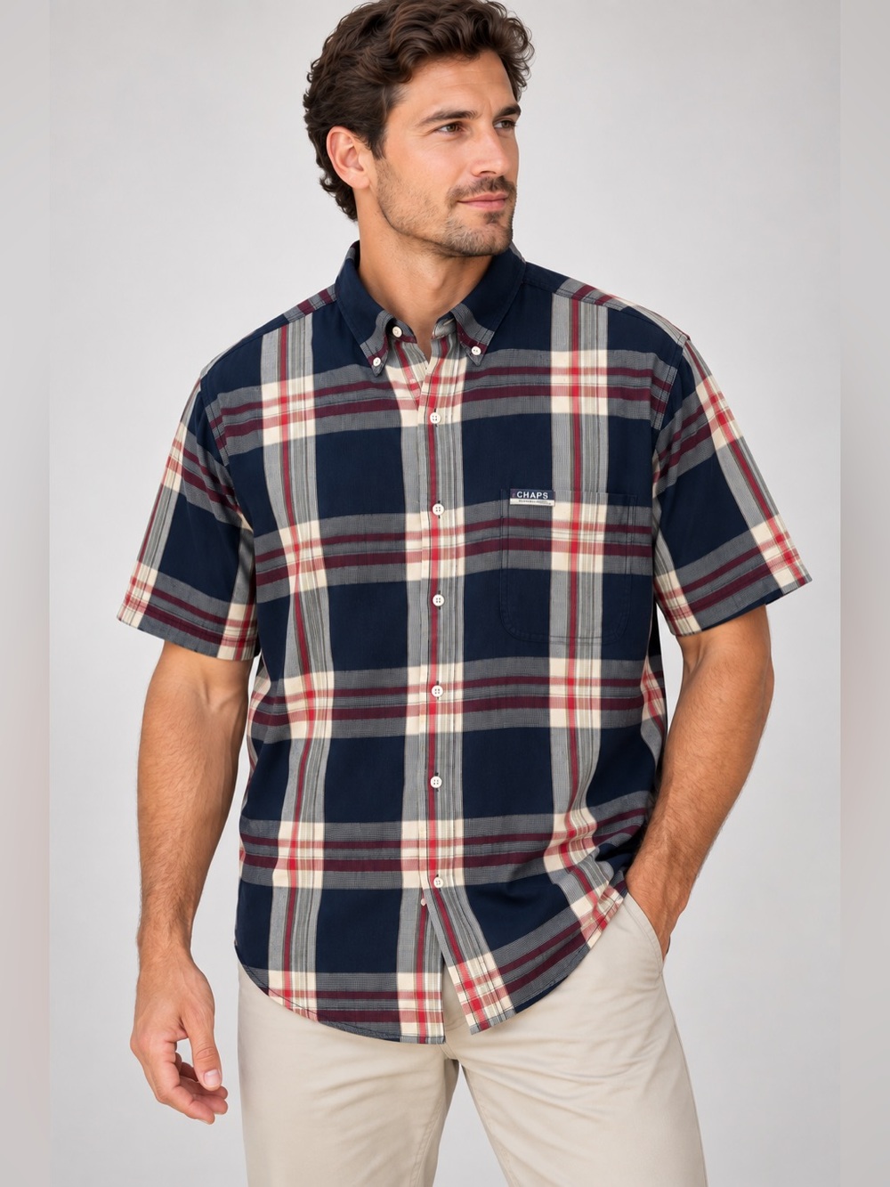 CHAPS Ralph Lauren Men’s L Plaid Short Sleeve Button Up Shirt 100% Cotton